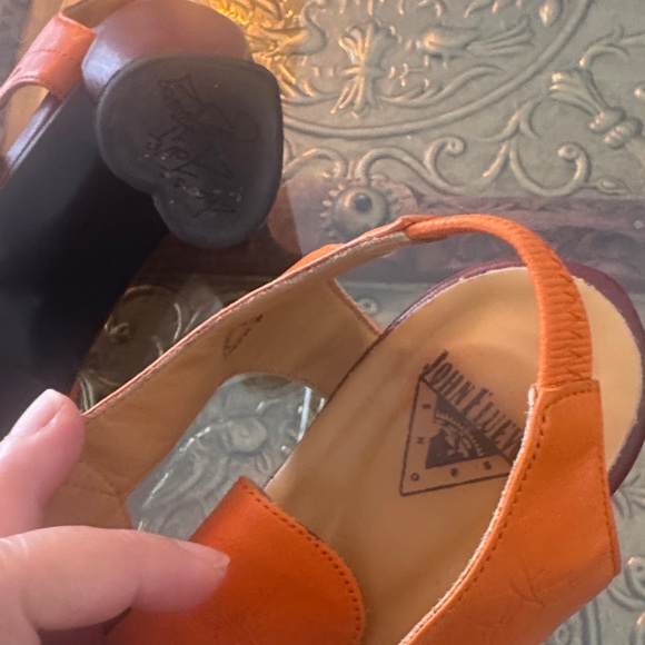 John Fluevog Orange and Burgundy Leather Slingback Heels - Picture 4 of 8